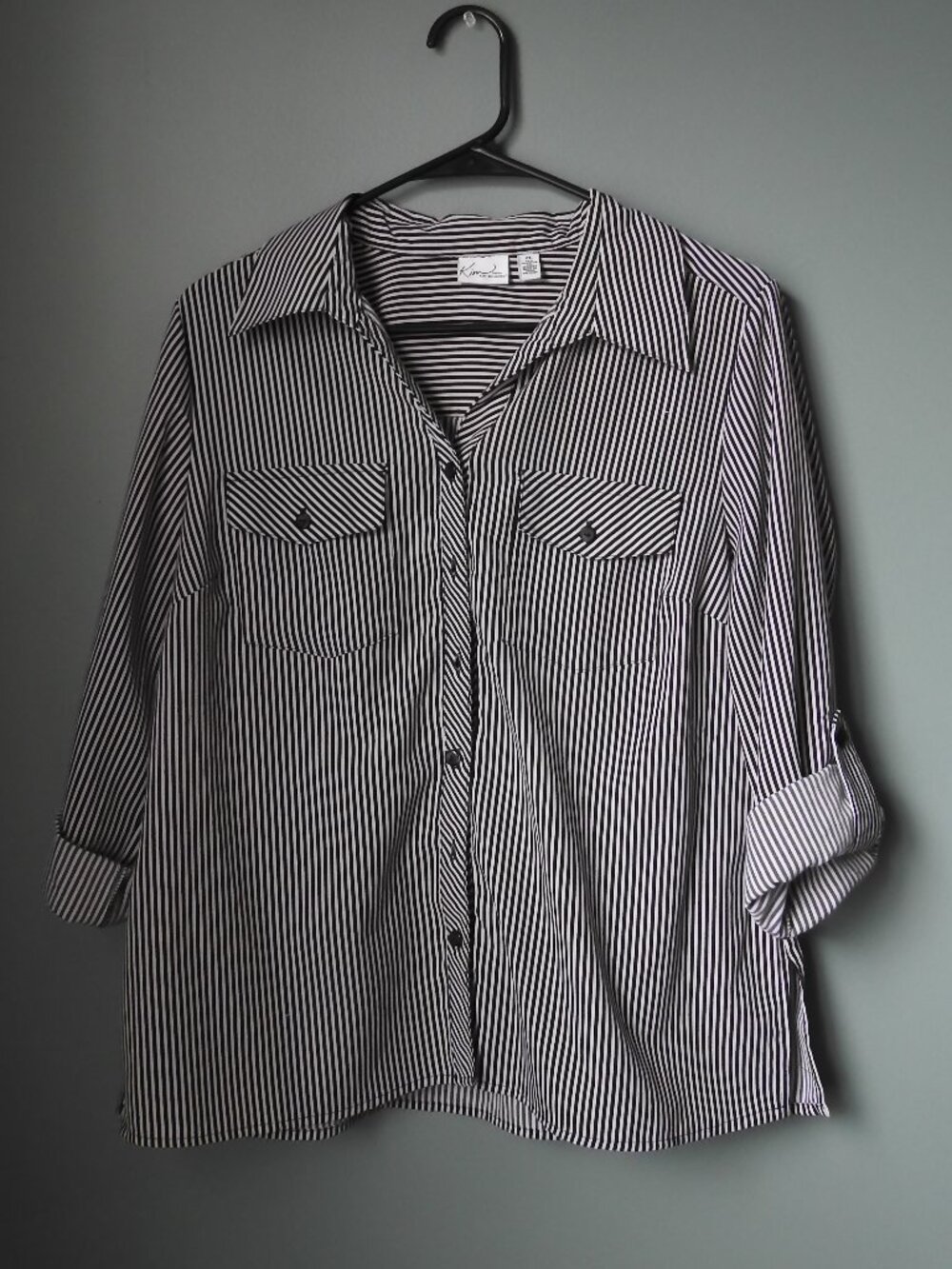 Kim Rogers Y-Neck Button Down Striped Shirt Petite Large